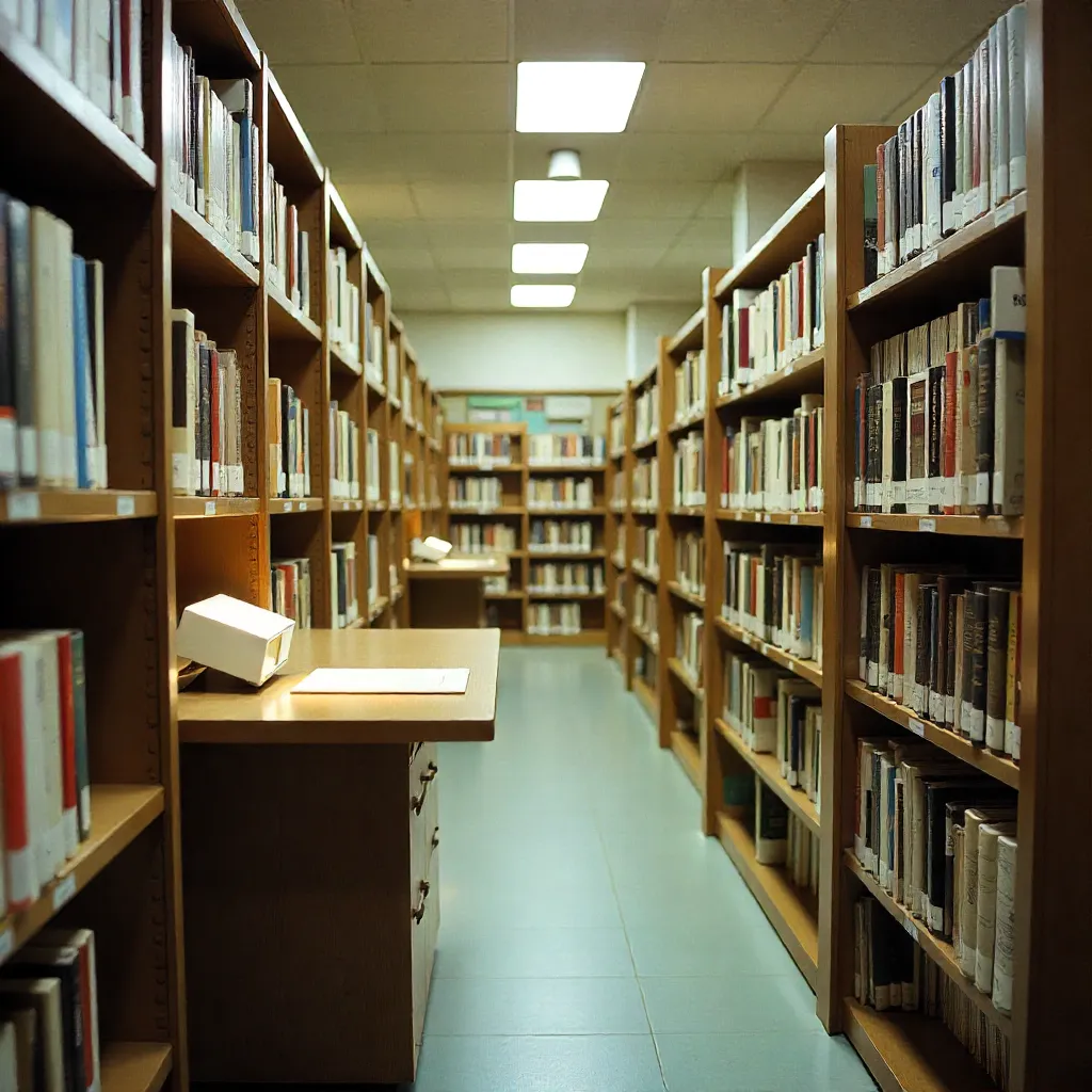 Organized library shelves with systematic arrangement